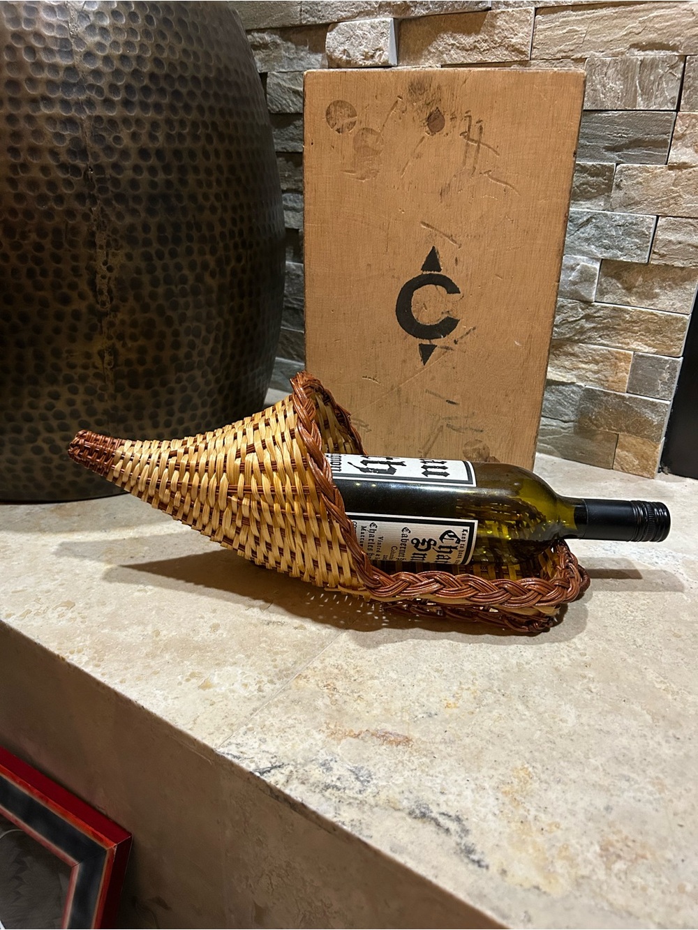 vintage wicker cornucopia wine basket or “horn of plenty"